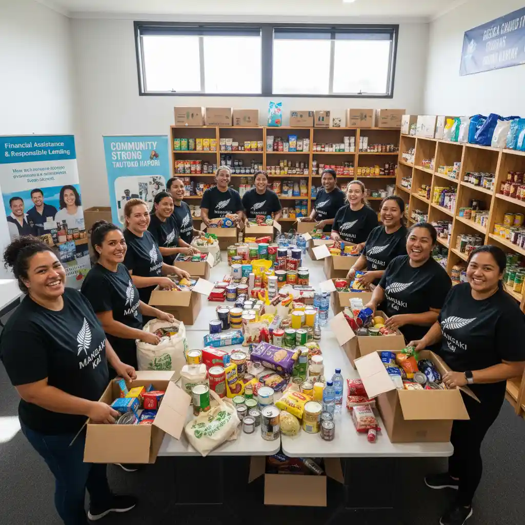 Volunteers packing food parcels at a community food bank in New Zealand