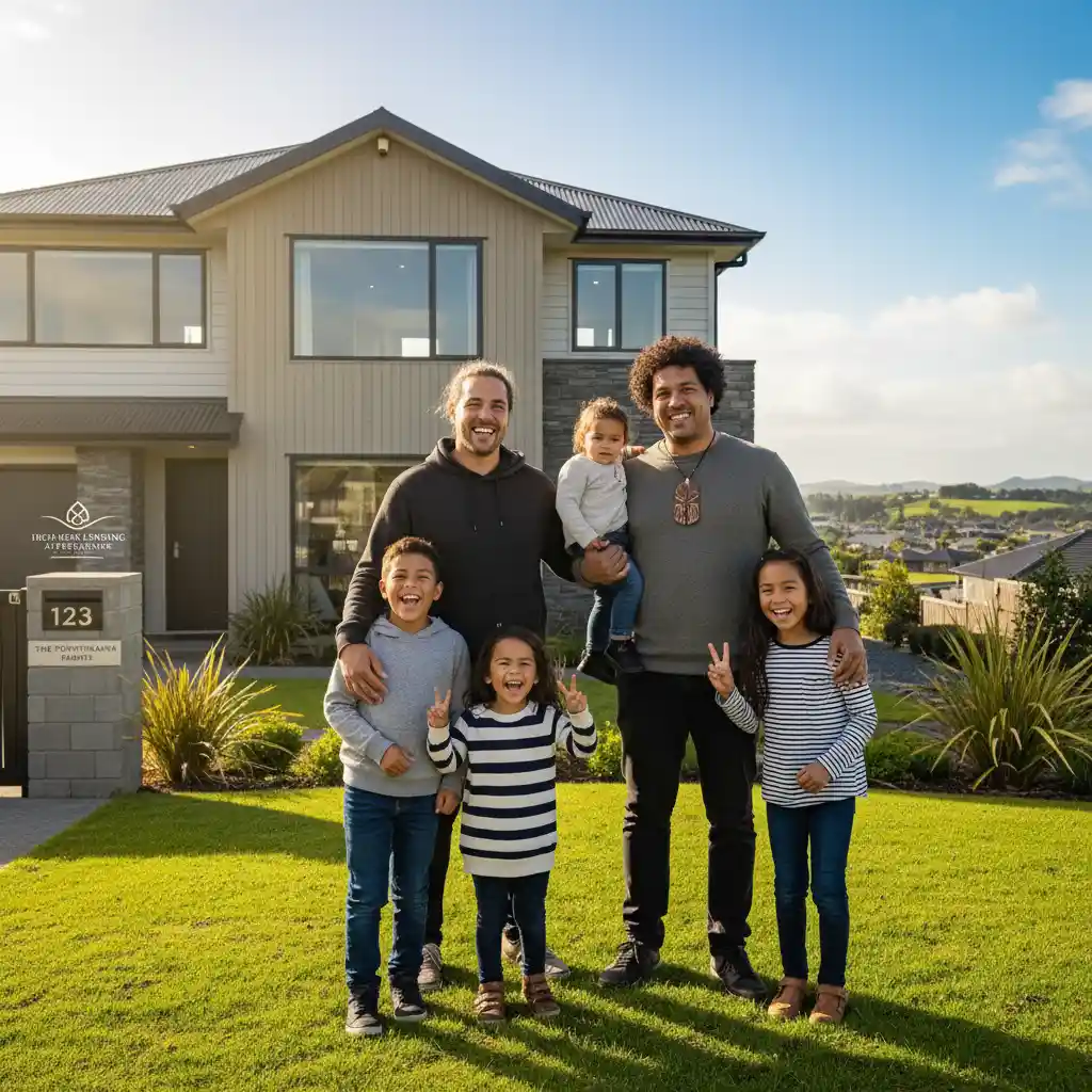 Family standing in front of their home, representing housing stability and support from Housing NZ