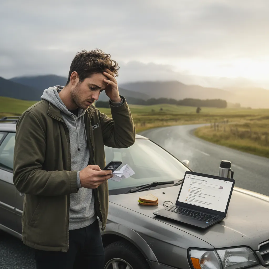 Distressed person looking at car repair costs in New Zealand