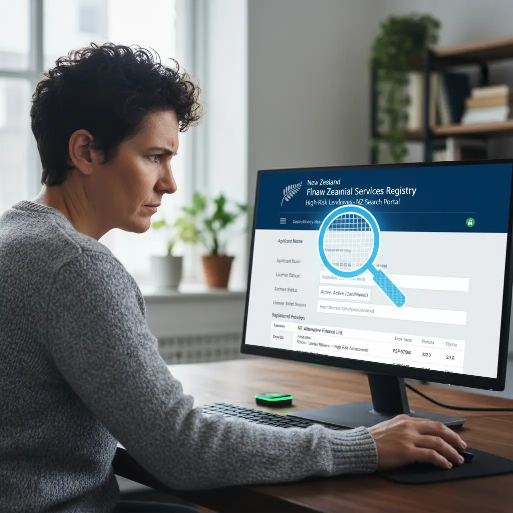 Person verifying a lender's registration on the FSPR website in NZ