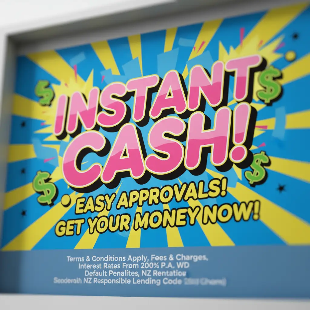 Deceptive advertisement for instant cash, common in predatory lending NZ examples