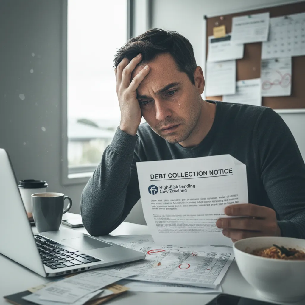 Stressed person reading a debt collection letter in New Zealand