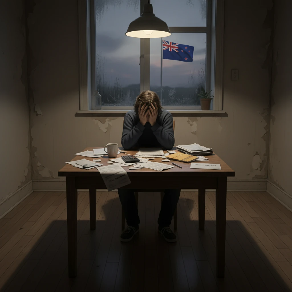 Person experiencing financial stress and mental health strain in NZ