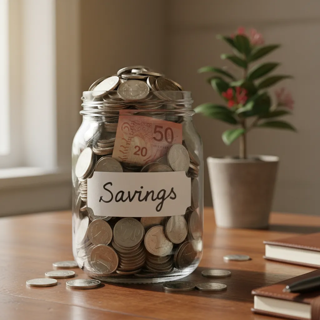 Savings jar with NZ coins, symbolising long-term financial stability