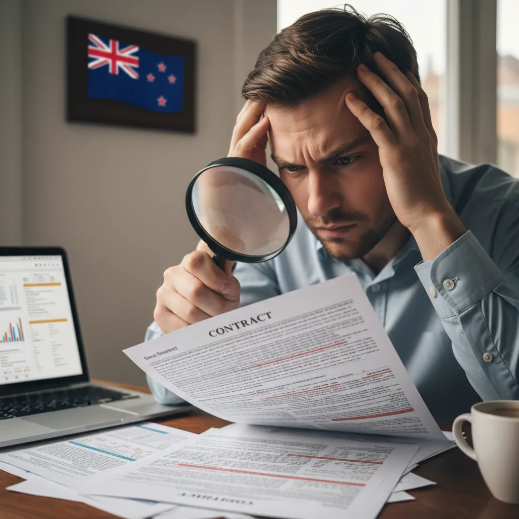 Stressed person reviewing contract, emblematic of a financial dispute in NZ