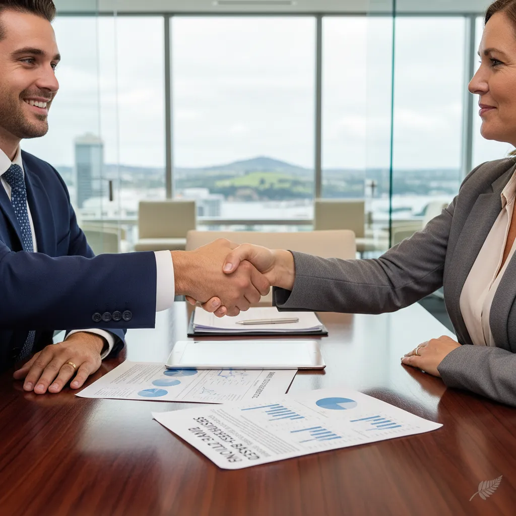 Financial advisor and client shaking hands after a successful advocacy discussion