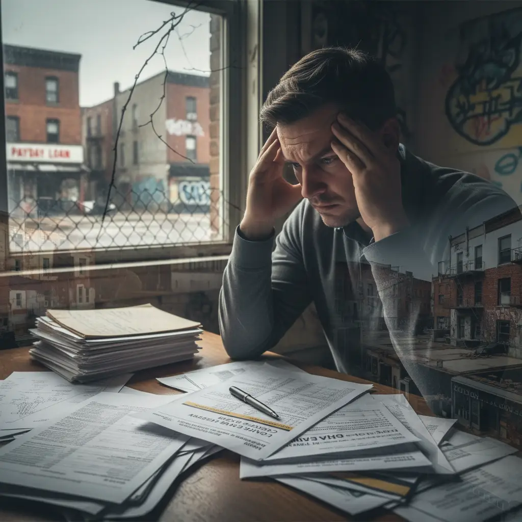 Vulnerable borrower looking stressed over finances in a low-income area