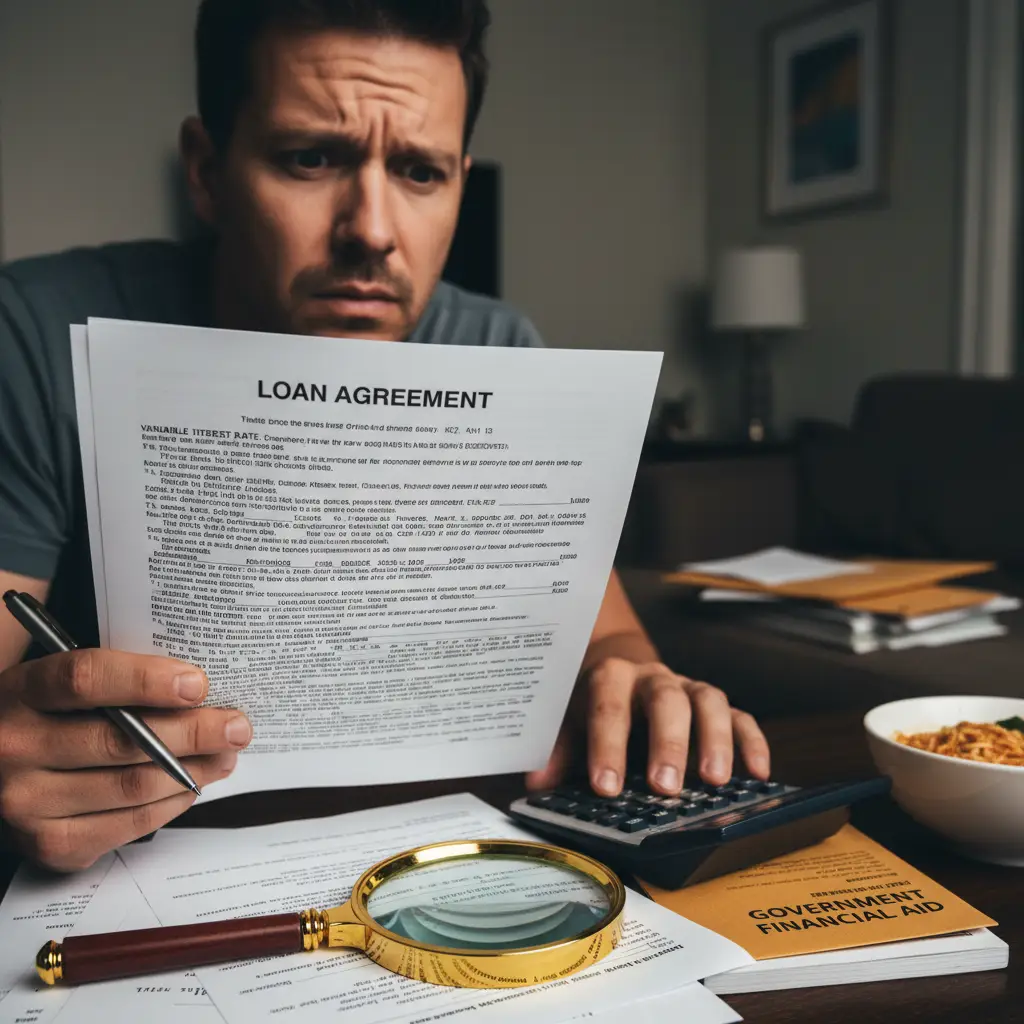 Confused borrower examining a complex loan document with fine print