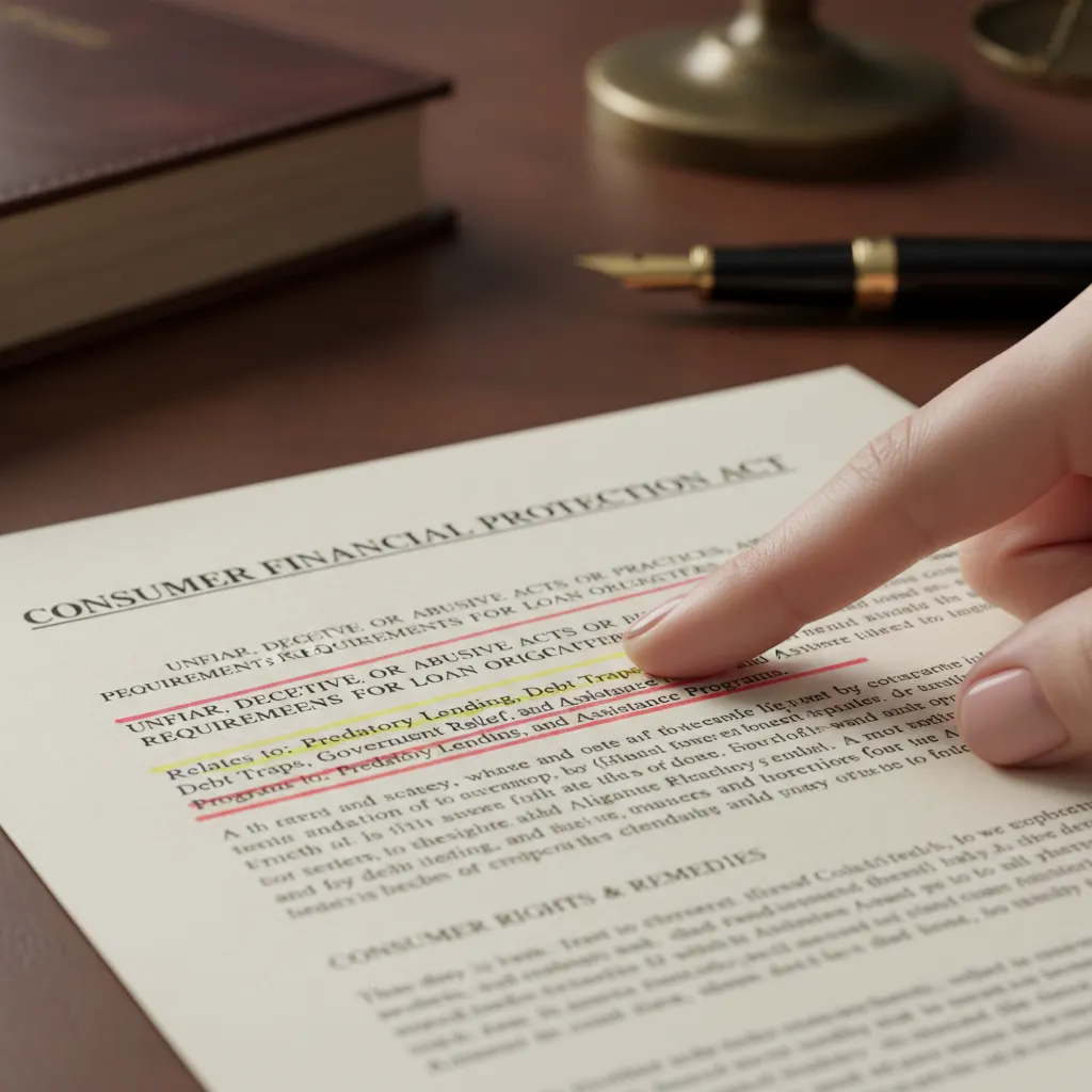 Hand pointing to consumer protection laws in a loan agreement