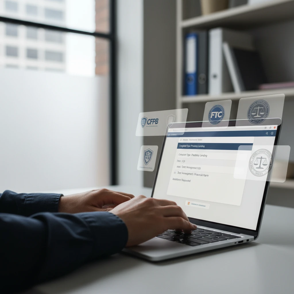 Person reporting a predatory lender to authorities online