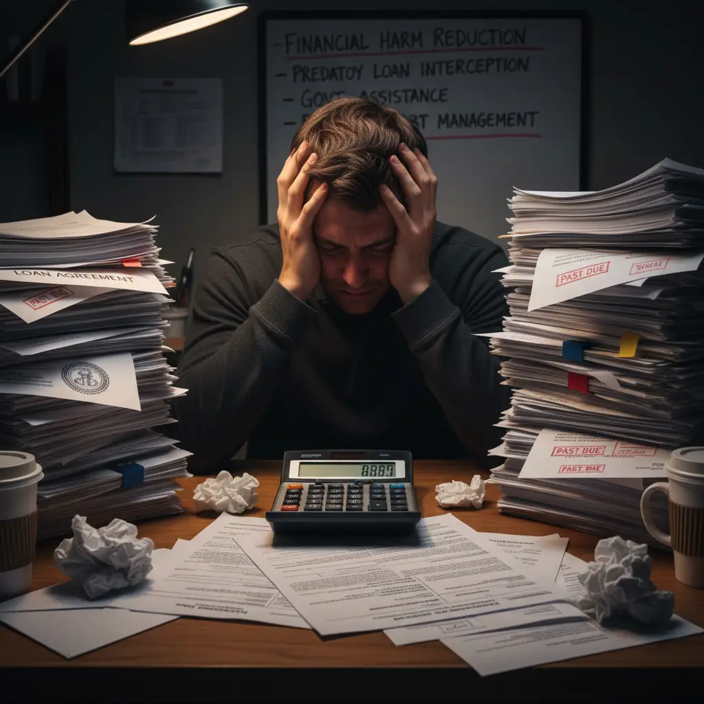 Person overwhelmed by predatory loan debt documents