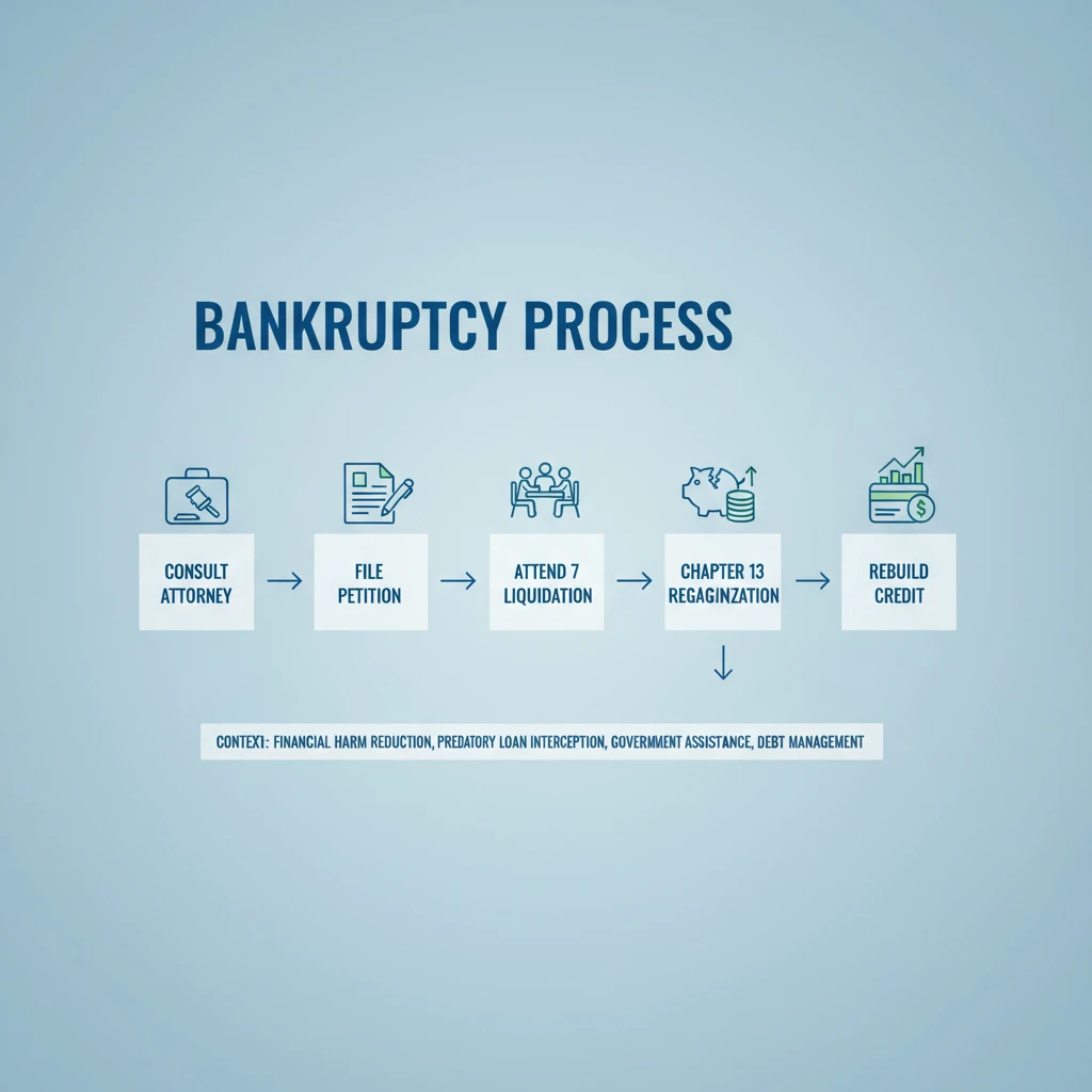 Bankruptcy process flowchart from filing to discharge