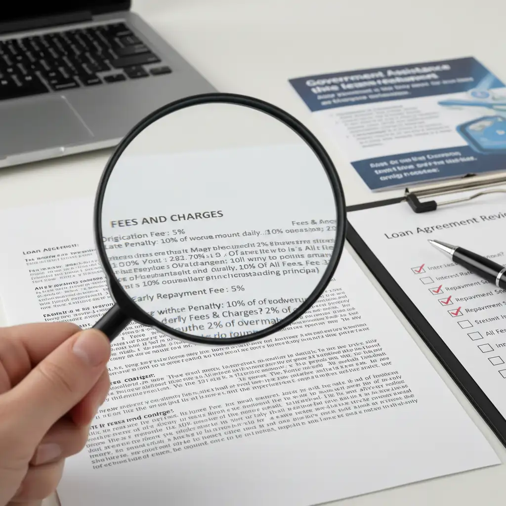 Magnifying glass on loan fine print highlighting hidden fees