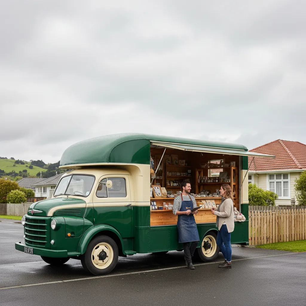 Mobile trader truck shop interacting with a customer in NZ