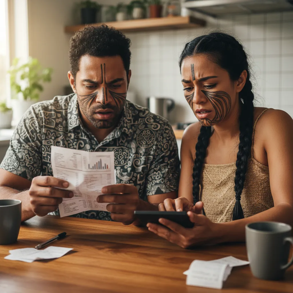 Couple reviewing expensive credit contract from mobile trader