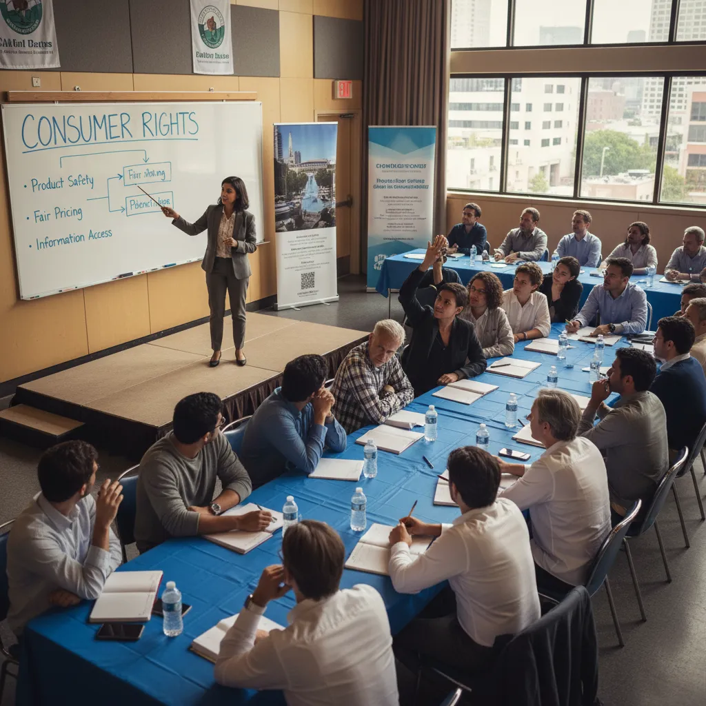 Community meeting discussing consumer rights and financial literacy