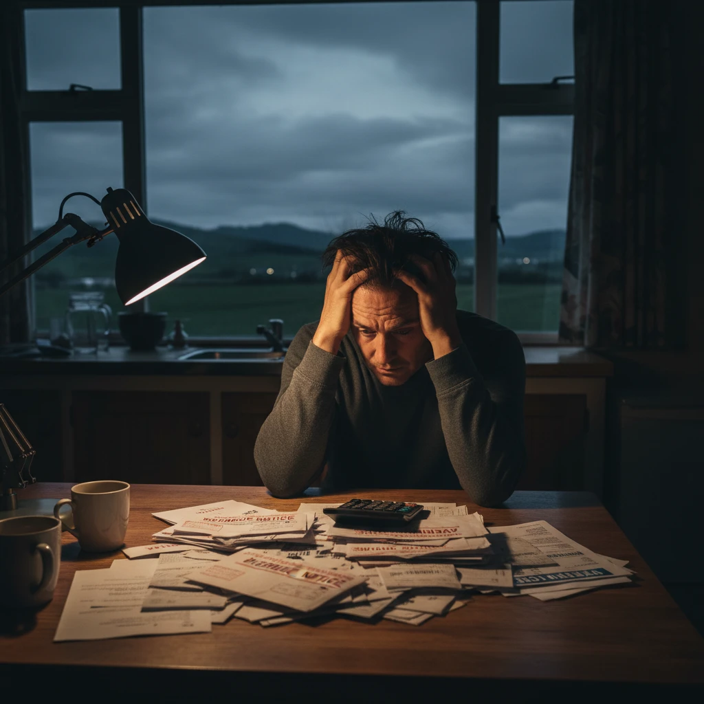 Stressed borrower reviewing high-interest loan documents