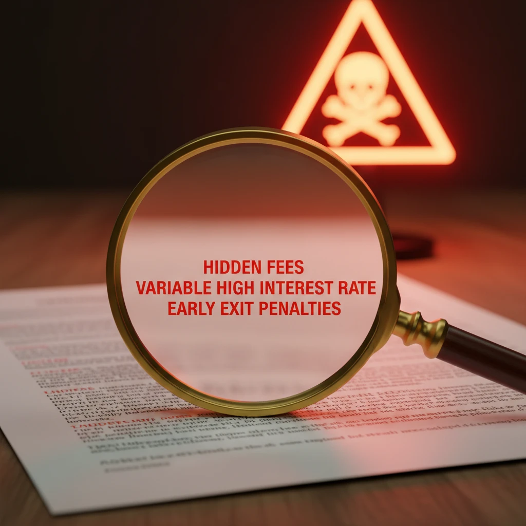 Magnifying glass examining loan contract fine print