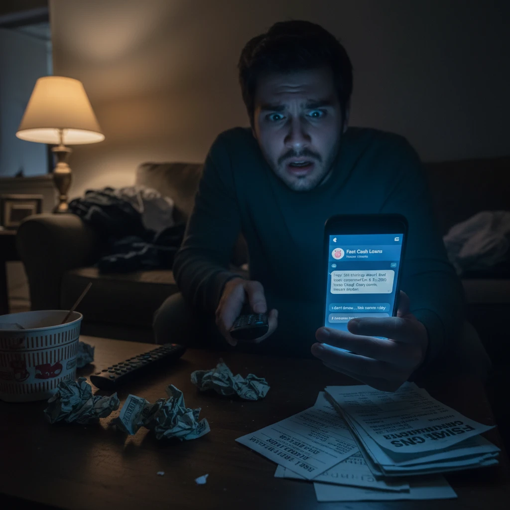 Stressed person reading predatory loan offer on Facebook Messenger