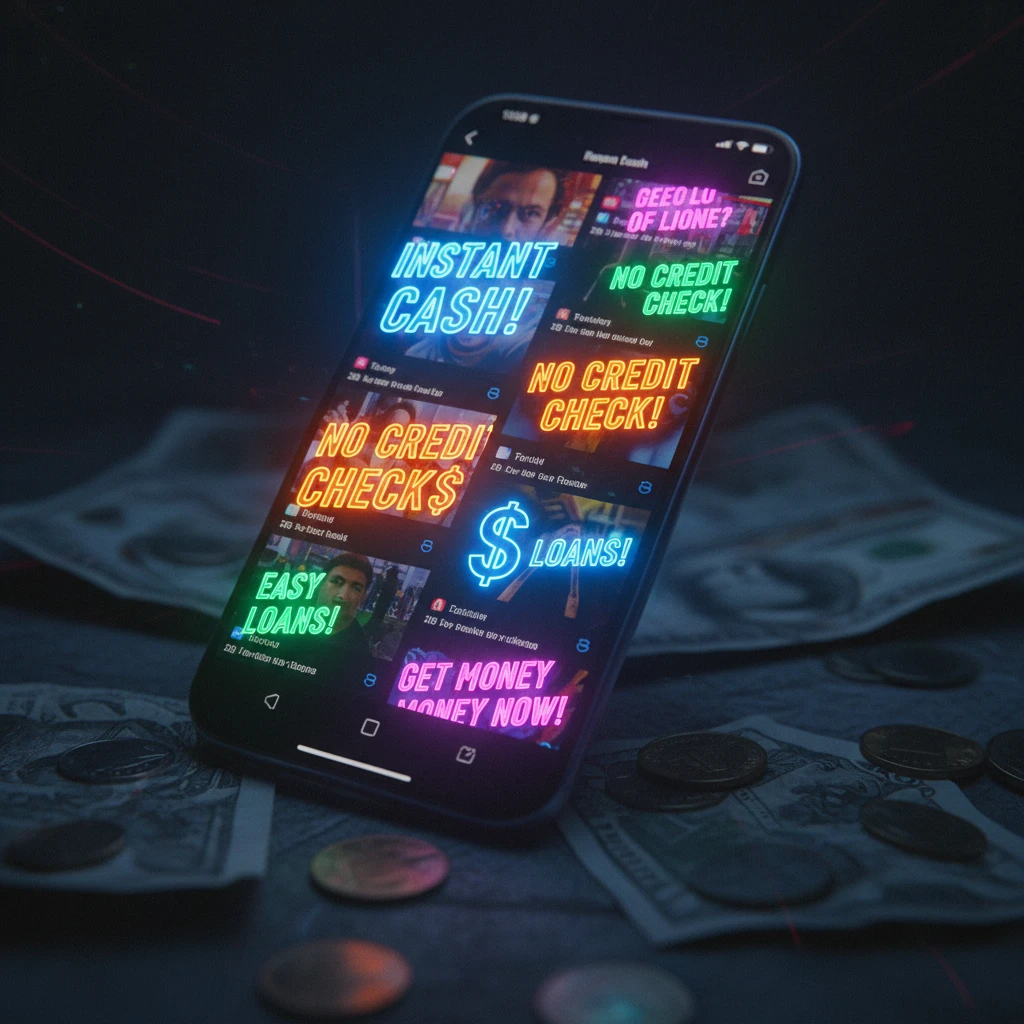 TikTok interface showing predatory instant cash loan advertisements