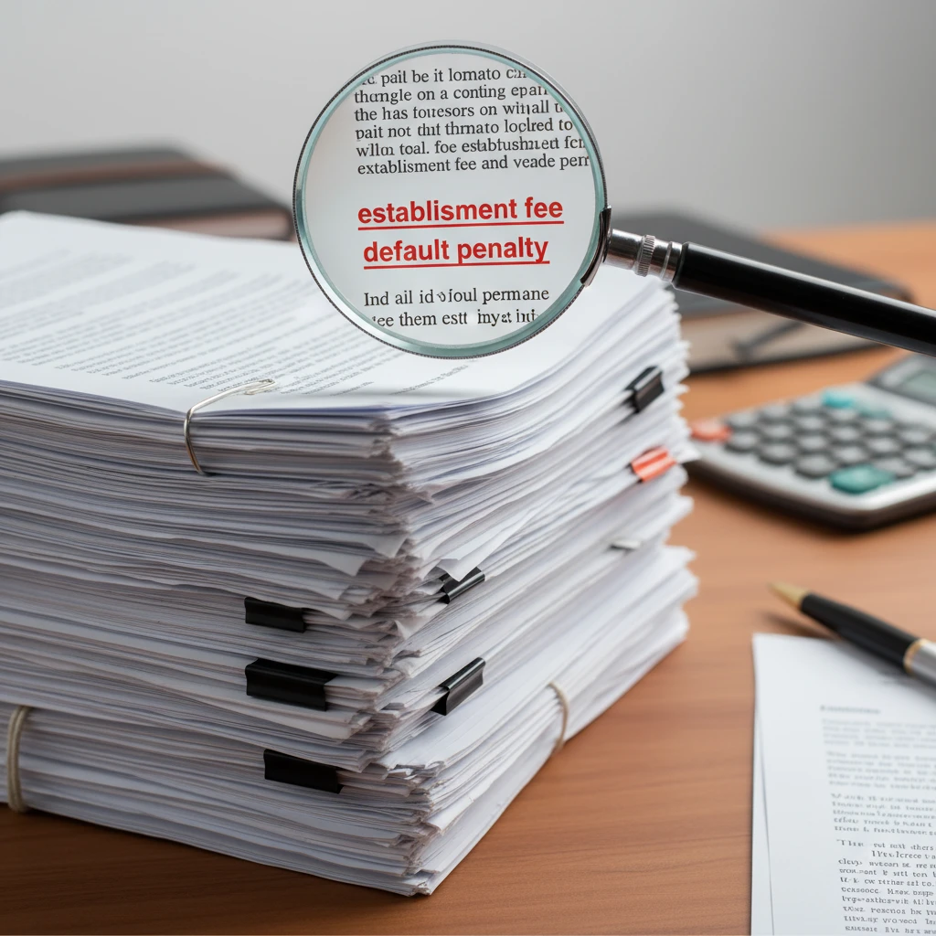 Magnifying glass revealing hidden fees in urgent loan contracts