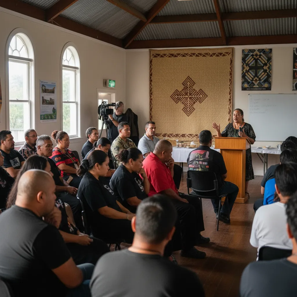 Community meeting in a New Zealand hall discussing financial matters