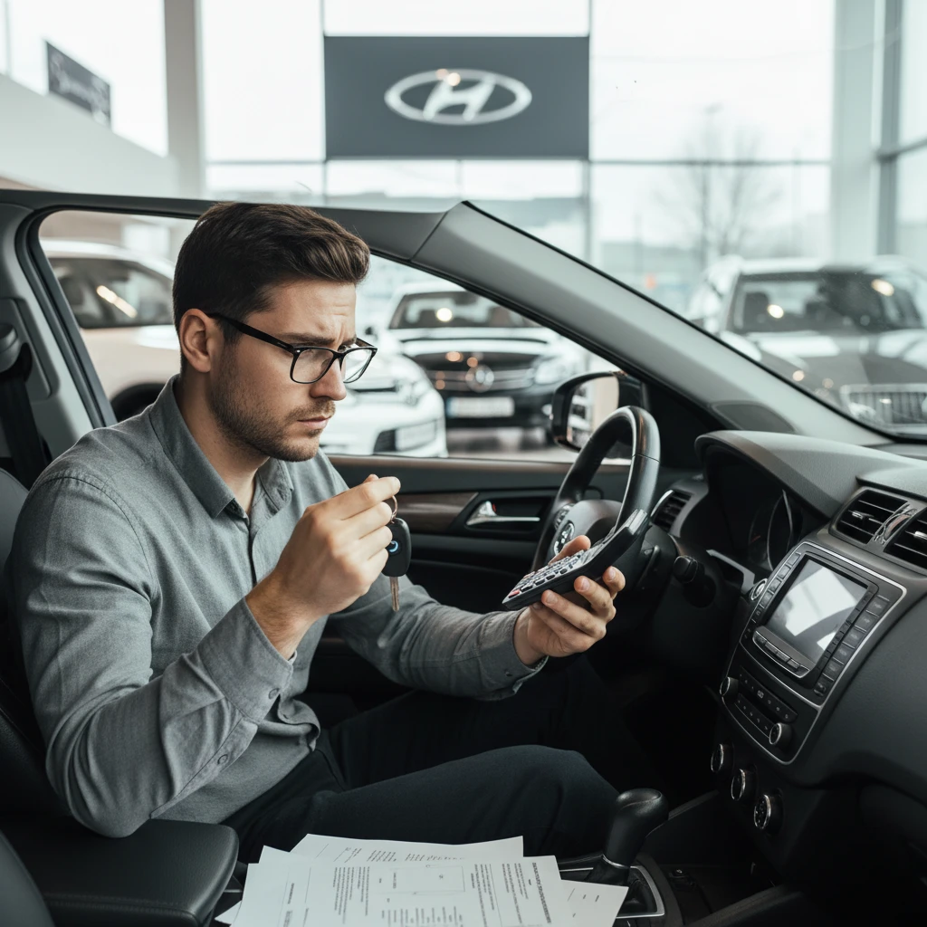 Stressed car buyer calculating finance costs