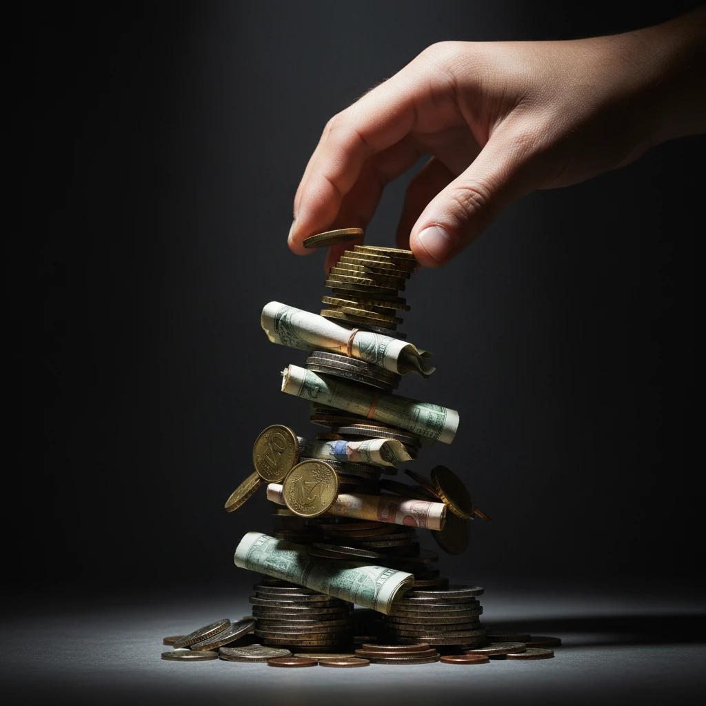 Stacking coins representing compounding debt spiral