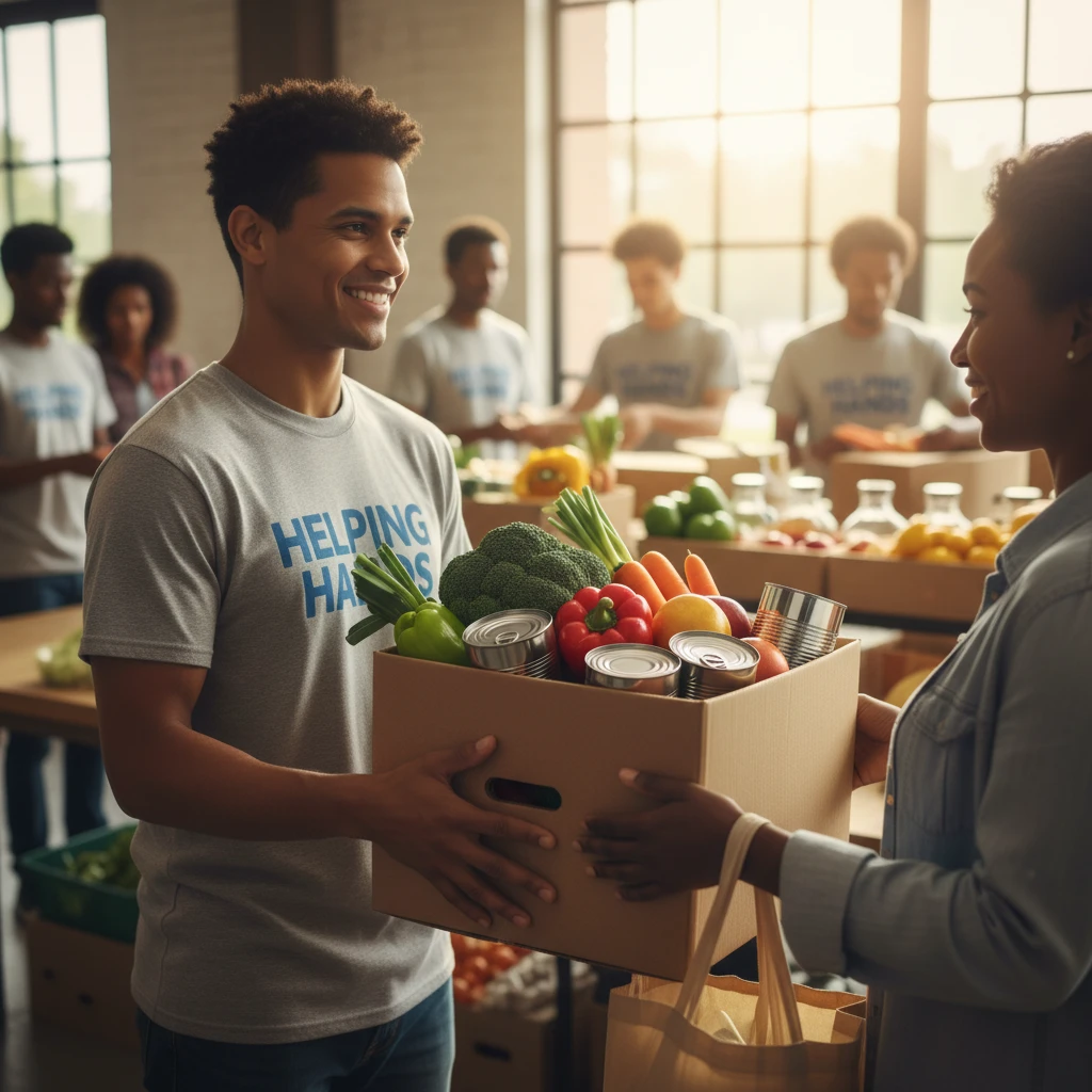 Volunteer handing food parcel at a community food bank
