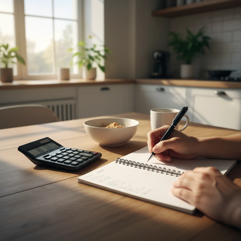 Person planning budget on kitchen table