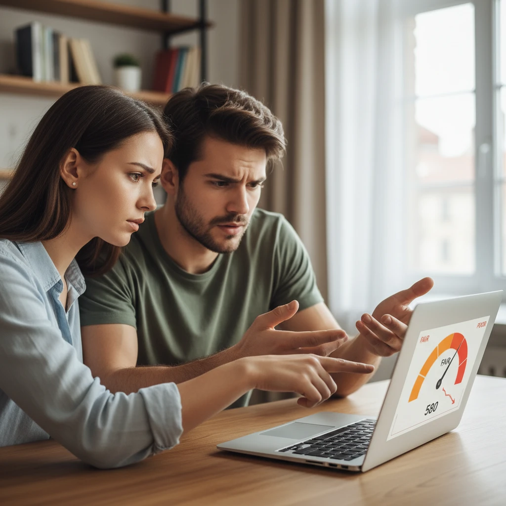 Couple checking credit score online