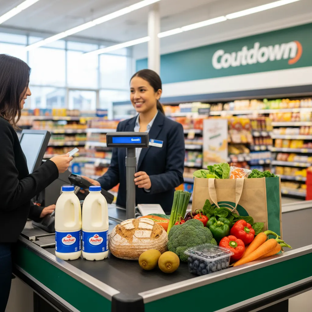 Essential groceries on a checkout counter representing food grant assistance
