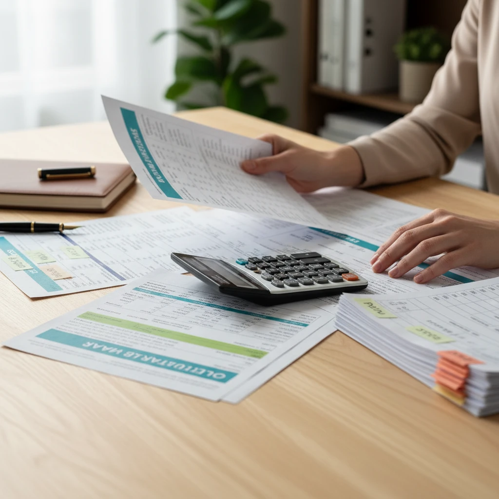 Organizing bills and bank statements for a budgeting session